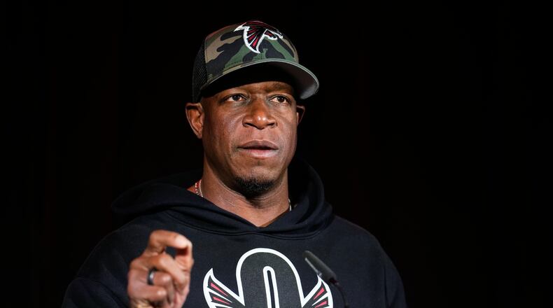 Atlanta Falcons head coach Raheem Morris speaks during an NFL football news conference in Berlin, Germany, Friday, Nov. 7, 2025. (AP Photo/Ebrahim Noroozi)
