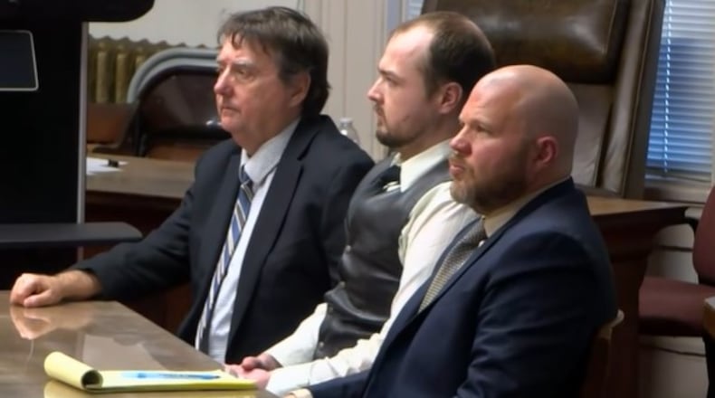 George Wagner IV, center, is seen with his defense attorneys in a Pike County courtroom Nov. 30, 2022 as they await the jury's verdict. Wagner is charged with killing eight members of the Rhoden family in 2016. CONTRIBUTED