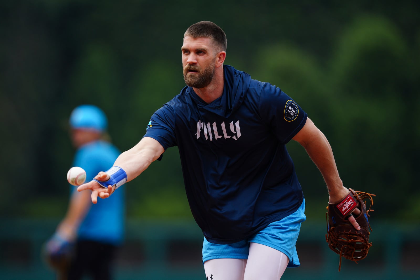 Philadelphia Phillies' Bryce Harper fields ground balls prior to a baseball game against the Toronto Blue Jays, Friday, June 13, 2025, in Philadelphia. (AP Photo/Derik Hamilton)