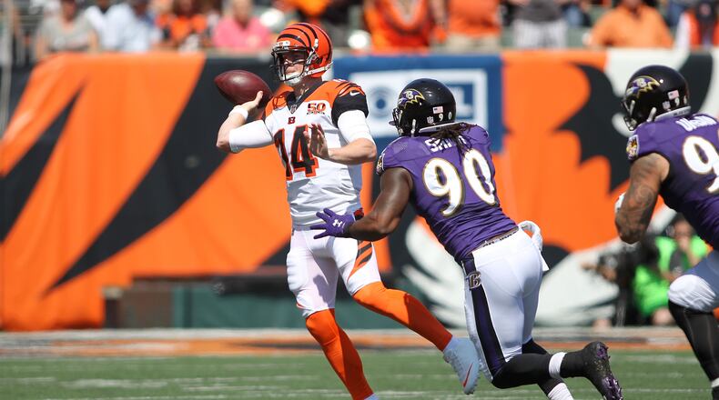 CINCINNATI, OH - SEPTEMBER 10: Za'Darius Smith #90 of the Baltimore Ravens pressures Andy Dalton #14 of the Cincinnati Bengals during the first quarter at Paul Brown Stadium on September 10, 2017 in Cincinnati, Ohio. (Photo by John Grieshop/Getty Images)