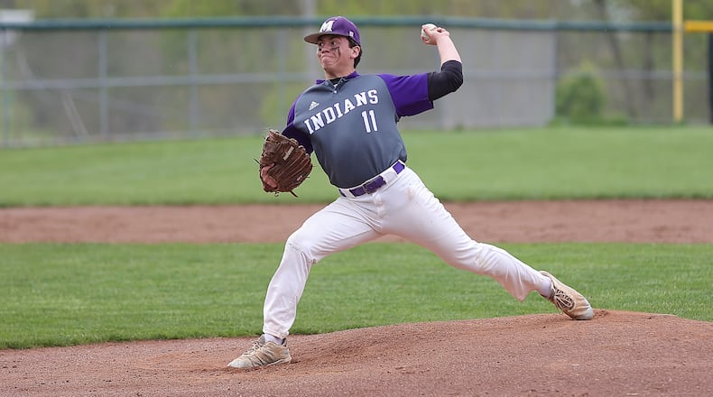 Cutline: Mechanicsburg High School junior Jake Edwards pitches during their game against Northeastern on Thursday, May 6 in Mechanicsburg. The Indians won 4-1 to clinch their first baseball league title in 56 years and first Ohio Heritage Conference title in program history. Michael Cooper/CONTRIBUTED