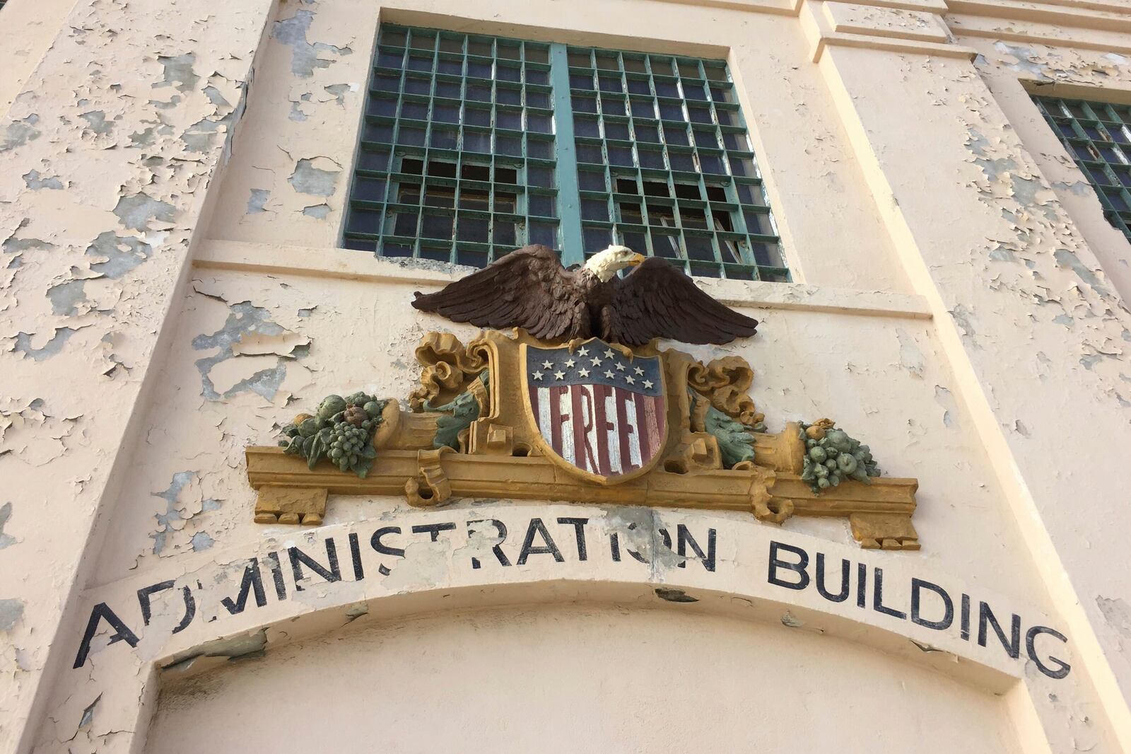 Paint peels off a wall of the former Alcatraz Federal Penitentiary on Nov. 10, 2017, on Alcatraz Island near San Francisco. (AP Photo/Michael R. Sisak)
