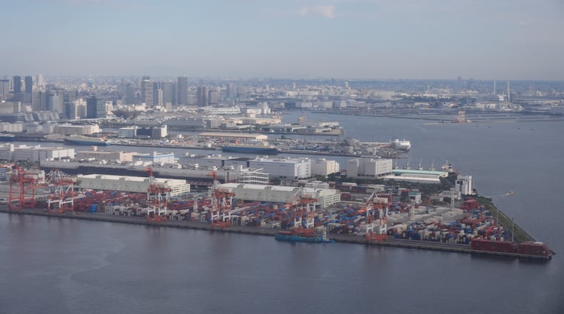 FILE - A container port is seen from a helicopter in Tokyo, Oct. 29, 2025. (AP Photo/Mark Schiefelbein, File)