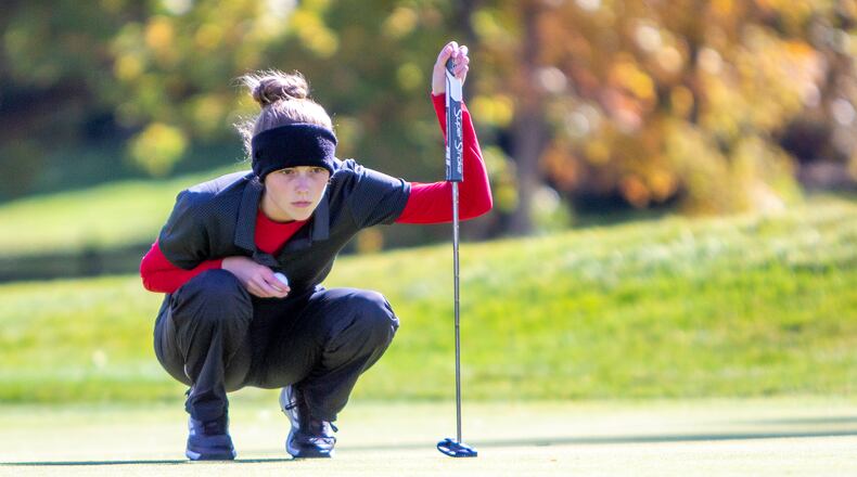 Southeastern senior Hope Manning lines up a putt during the second round Saturday of the Division II state tournament at the Ohio State Gray Course. CONTRIBUTED/Jeff Gilbert