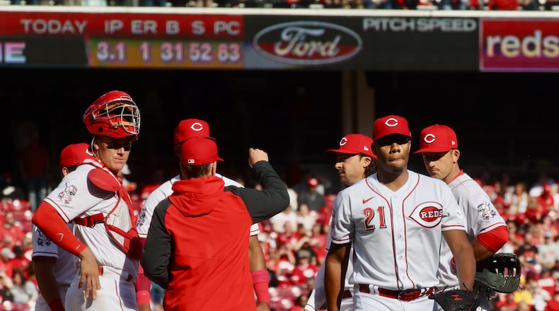 Reds starter Hunter Greene leaves the mound in the fourth inning against the Pittsburgh Pirates on Opening Day on Thursday, March 30, 2023, at Great American Ball Park in Cincinnati. David Jablonski/Staff