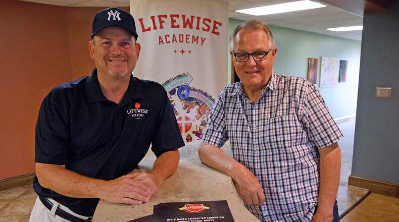 DO NOT USE: Brad Webb, director of LifeWise Academy at Riversong Church, and Jim Britton, senior pastor at the church, Thursday, Oct. 5, 2023. LifeWise Academy is leasing space from Riversong for their program that will provide Bible-based character education to Shawnee students as an elective during school hours. BILL LACKEY/STAFF