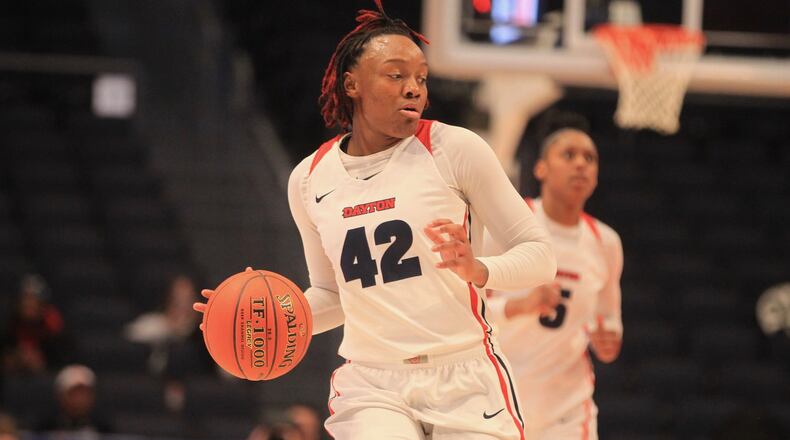 Dayton’s Jayla Scaife against Saint Louis in the semifinals of the Atlantic 10 tournament on Saturday, March 7, 2020, at UD Arena. David Jablonski/Staff