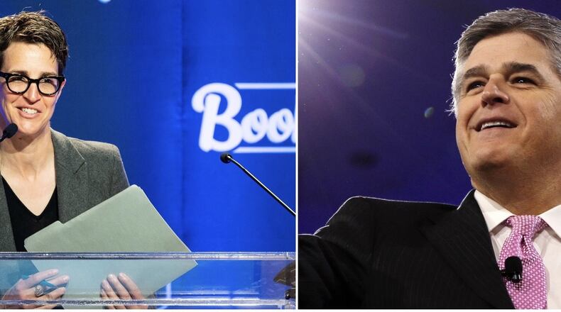 Rachel Maddow speaking on May 30, 2019 at BookExpo in New York City, N.Y. (Michael Brochstein/Sipa USA/TNS) In this March 4, 2016 file photo, Sean Hannity of Fox News appears at the Conservative Political Action Conference (CPAC) in National Harbor, Md. (AP Photo/Carolyn Kaster, File)