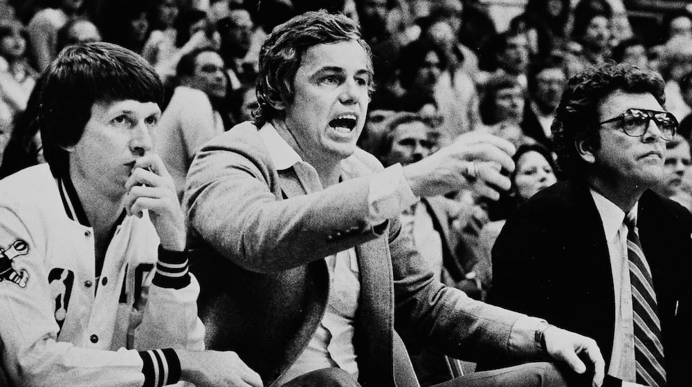 FILE - Denver Nuggets head coach Doug Moe, center, directs his team from the bench during an NBA basketball game against the Phoenix Suns on April 21, 1982, in Denver. (AP Photo/JC, File)