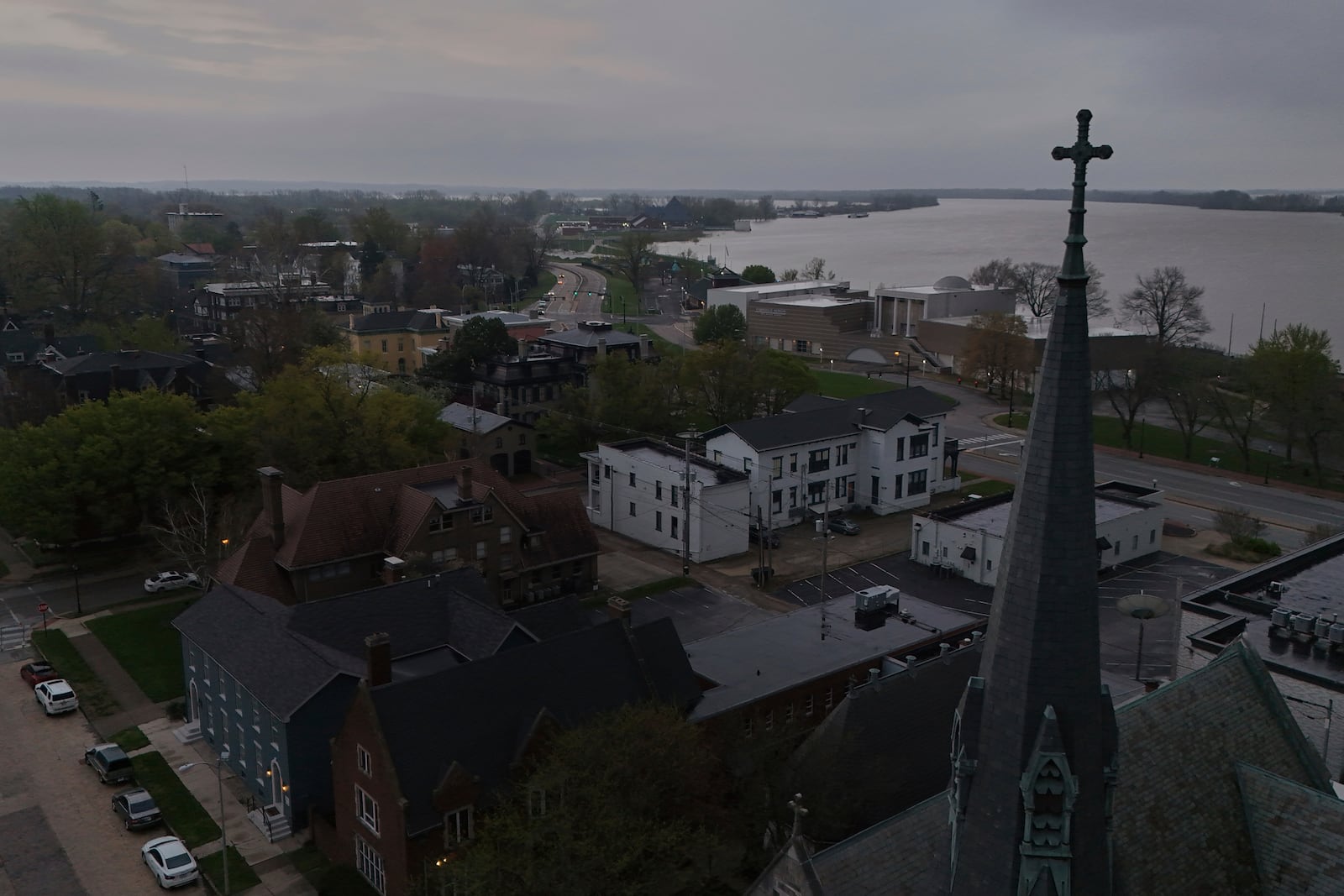 A church, bottom right, stands in downtown Evansville, Ind., Friday, April 11, 2025. (AP Photo/Joshua A. Bickel)