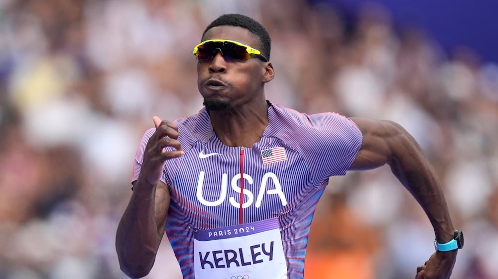 FILE - Fred Kerley, of the United States, competes in the men's 100-meter heats at the 2024 Summer Olympics, Saturday, Aug. 3, 2024, in Saint-Denis, France. (AP Photo/Matthias Schrader, File)