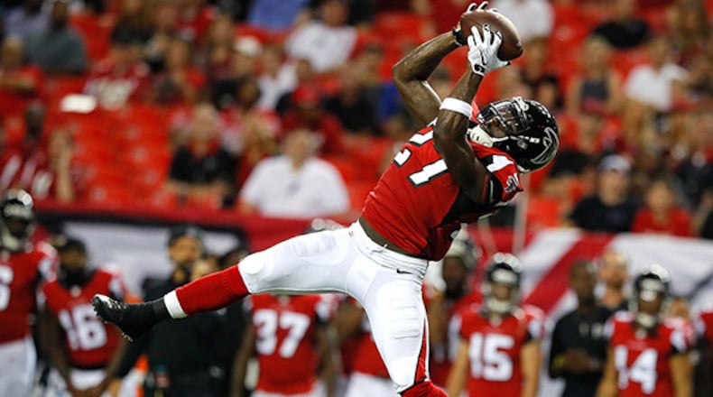 ATLANTA, GA - SEPTEMBER 01: Robenson Therezie #27 of the Atlanta Falcons intercepts a pass from the Jacksonville Jaguars at Georgia Dome on September 1, 2016 in Atlanta, Georgia. (Photo by Kevin C. Cox/Getty Images)