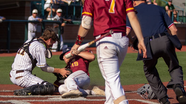Northeastern's Preston Graves is called out at home on a close play to end the fifth inning with the Jets up 3-2 in Friday's 6-3 loss to Roger Bacon in the Division III region final at Wright State. CONTRIBUTED/Jeff Gilbert