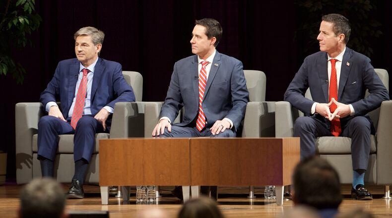 The three Republicans running in the Ohio Republican primary for U.S. Senate participated in a forum on Monday, Feb. 19, 2024, at the University of Findlay. From left are state Sen. Matt Dolan, Ohio Secretary of State Frank LaRose and Westlake businessman Bernie Moreno. BRENDEN FERGUSON/CONTRIBUTED