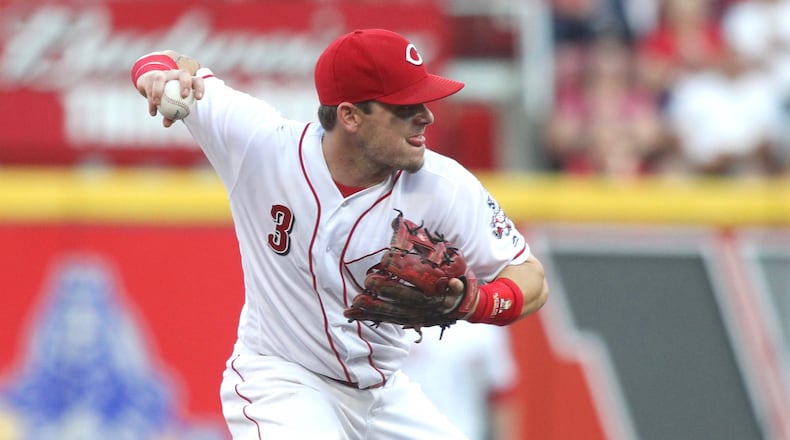 Reds second baseman Scooter Gennett turns a double play against the Brewers on Friday, June 29, 2018, at Great American Ball Park in Cincinnati.