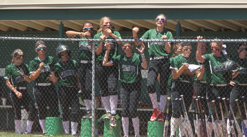 Greenville players watch from the dugout during a game against Clinton-Massie in a Division II regional semifinal on Wednesday, May 23, 2018, at Mason High School. David Jablonski/Staff