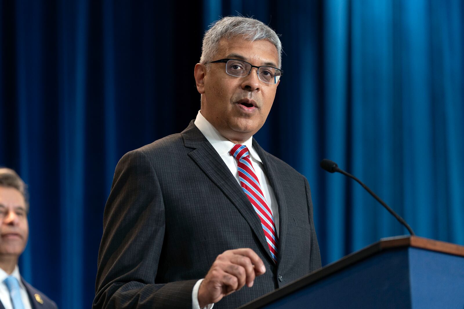 Director of the National Institutes of Health Jay Bhattacharya speaks during a news conference on the FDA's intent to phase out the use of petroleum-based synthetic dyes in the nation's food supply at the Hubert Humphrey Building Auditorium in Washington, Tuesday, April 22, 2025. (AP Photo/Jose Luis Magana)
