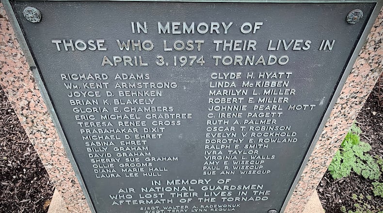 The memorial for those who lost their lives in the April 3, 1974 Xenia tornado. A 35th person, Ruie Drake, who died of internal injuries days later, is included in some accounts of the death toll. MARSHALL GORBY\STAFF