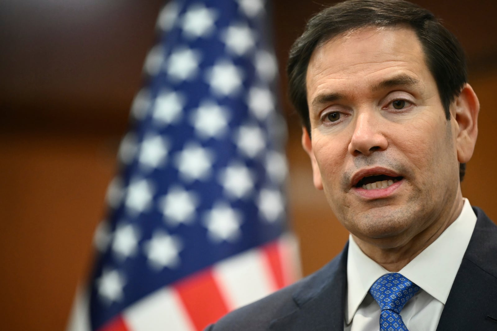 U.S. Secretary of State Marco Rubio gives a media briefing during the ASEAN Foreign Ministers' Meeting at the Convention Centre in Kuala Lumpur Friday, July 11, 2025. (Mandel Ngan/Pool Photo via AP)