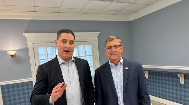 Republican U.S. Senate candidate Josh Mandel and retired U.S. Army Lt. Gen. Michael Flynn campaigned in Kettering on Thursday, April 21, 2022.