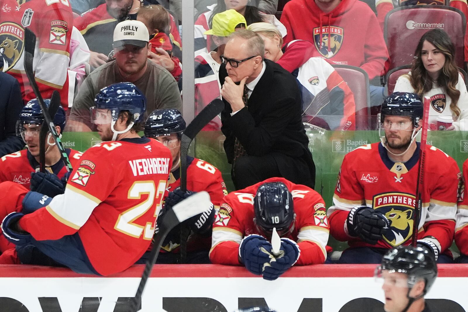 Florida Panthers head coach Paul Maurice, center, rear, talks with players during the third period in Game 6 of a second-round NHL hockey playoff series against the Toronto Maple Leafs, Friday, May 16, 2025, in Sunrise, Fla. (AP Photo/Lynne Sladky)