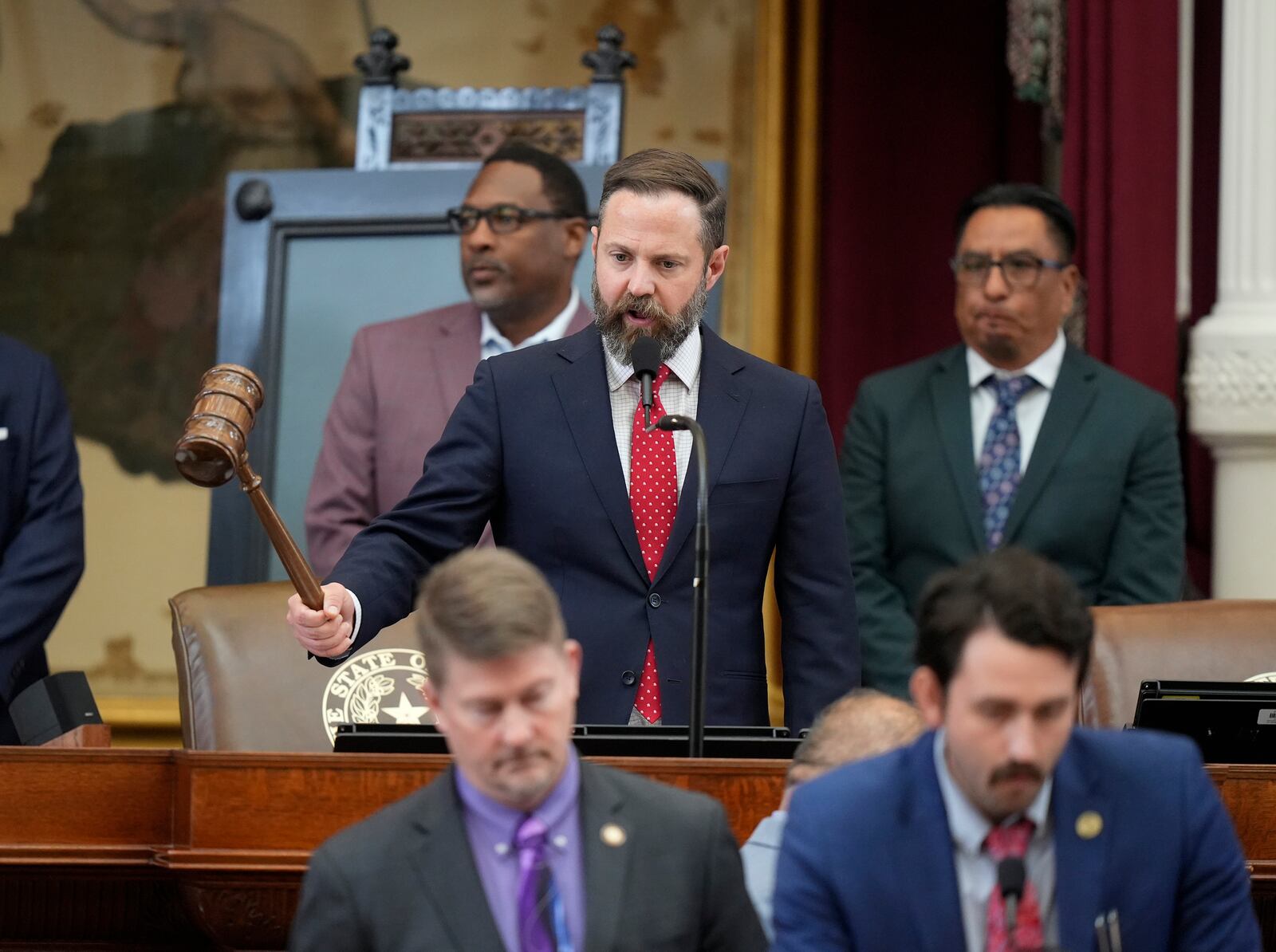 Speaker of the House Dustin Burrows presides before adjourning Sine Die on the last day of the 89th Texas Legislature at the Capitol in Austin, Texas, Monday, June 2, 2025. (Jay Janner/Austin American-Statesman via AP)