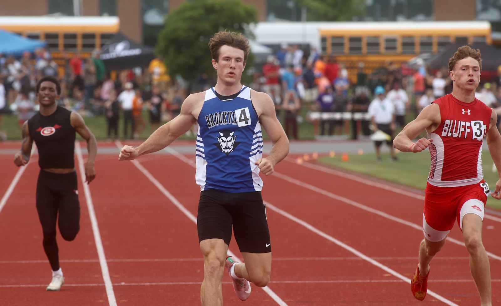 Brookville's Coy Hyre runs in the 200-meter dash preliminaries at the Division II state track and field championships on Friday, June 6, 2025, at Jesse Owens Memorial Stadium in Columbus. David Jablonski/Staff