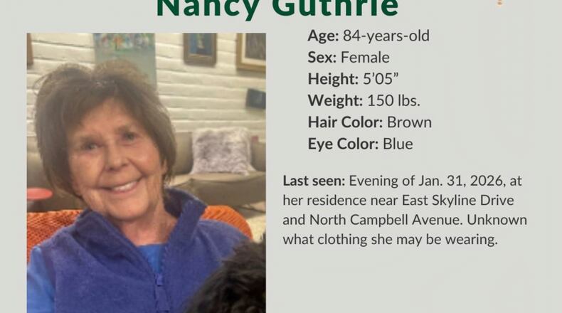 This image provided by the Pima County Sheriff’s Department, on Monday, Feb. 2, 2026, shows a missing person alert for Nancy Guthrie. (Pima County Sheriff’s Department via AP)
