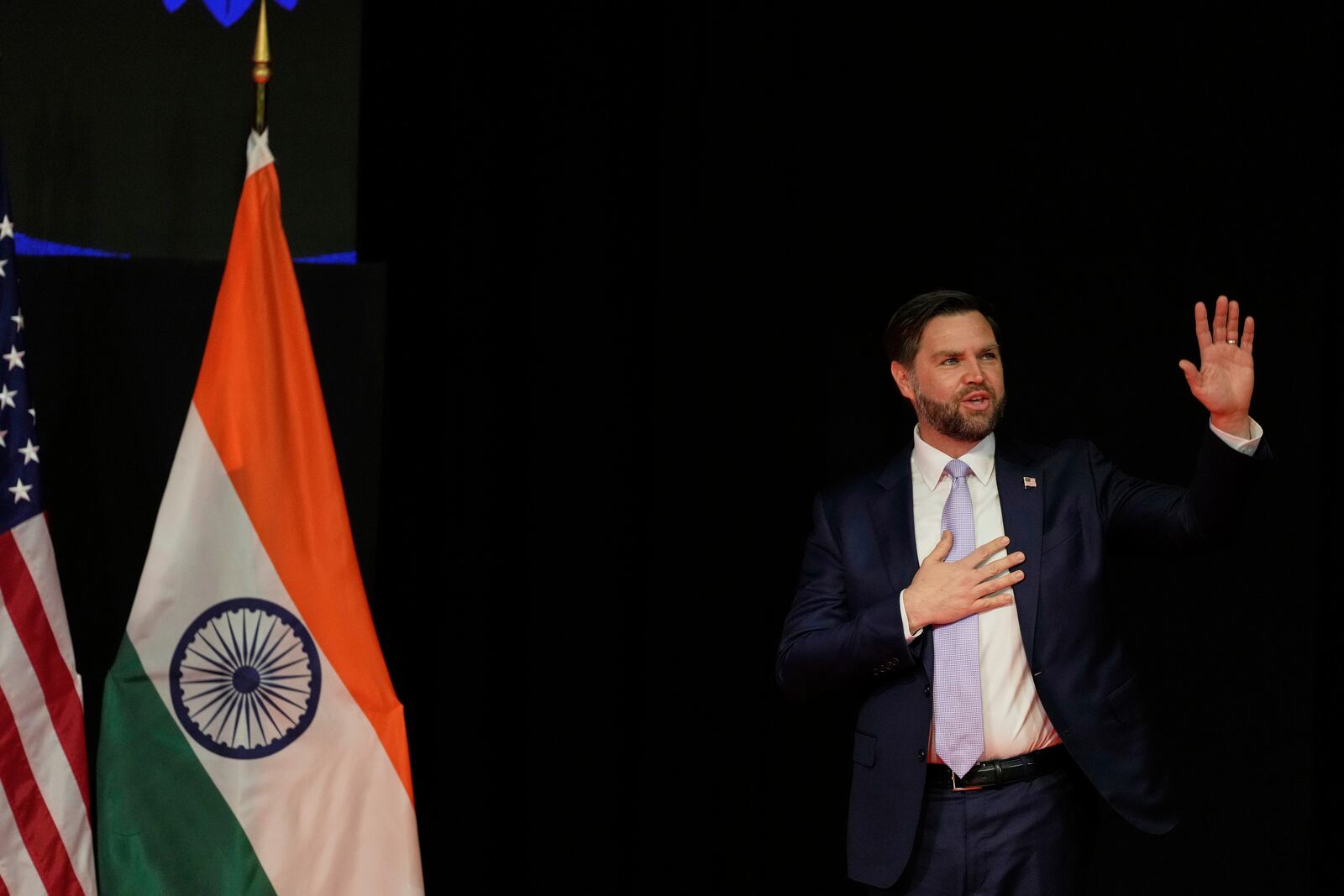 U.S. Vice President JD Vance arrives to speak at the Rajasthan International Center in Jaipur, India, Tuesday, April 22, 2025. (AP Photo/Manish Swarup)