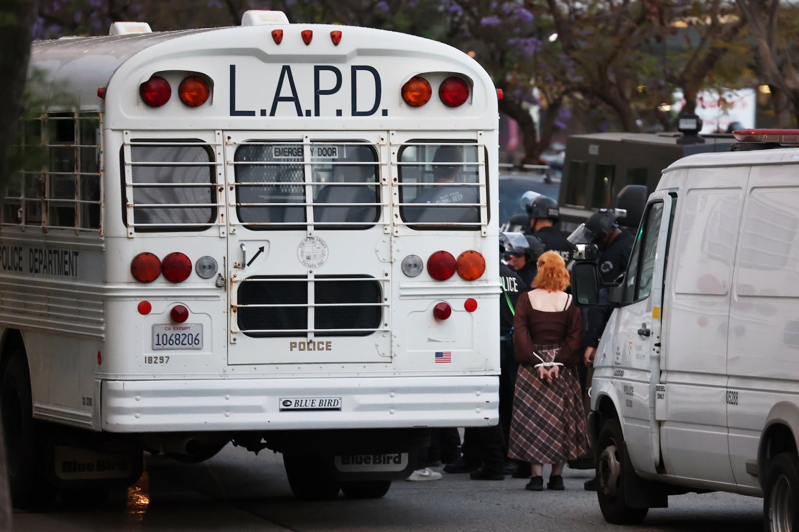 Protesters are loaded onto Los Angeles Police Department buses during a protest on Wednesday, June 11, 2025, in Los Angeles. (AP Photo/Ethan Swope)