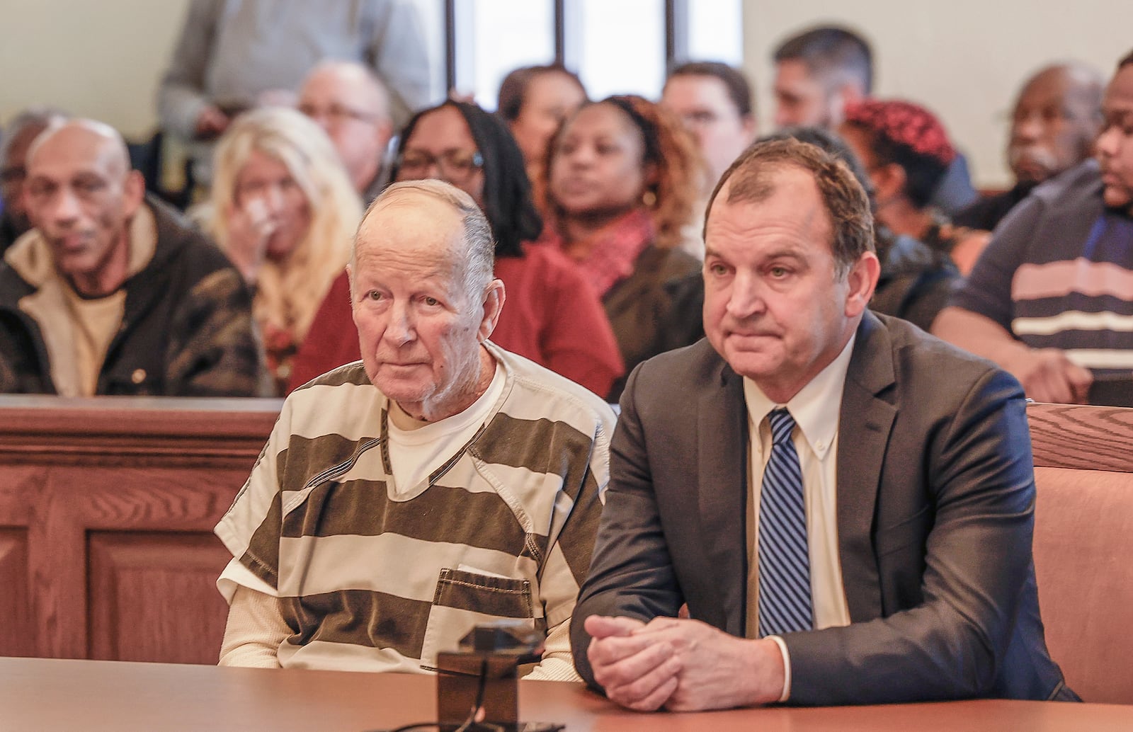 William Brock, left, and his defense attorney Jon Paul Rion are in Clark County Common Pleas Court for Brock's sentencing Friday, Jan. 30, 2026, in Springfield. The 83-year old was convicted murder in the March 2024 shooting of Uber driver 61-year-old Uber driver Lo-Letha “Letha” Toland-Hall. The sentencing was halted after Rion fainted in court and will resume Monday. JOSEPH COOKE/STAFF