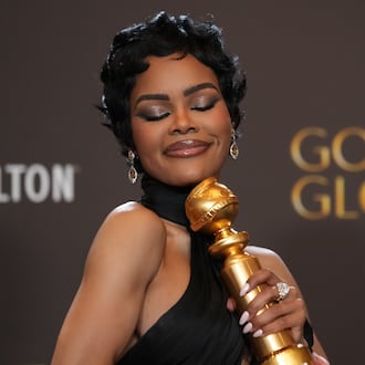 Teyana Taylor poses in the press room with the award for best performance by a female actor in a supporting role in any motion picture for "One Battle After Another" during the 83rd Golden Globes on Sunday, Jan. 11, 2026, at the Beverly Hilton in Beverly Hills, Calif. (AP Photo/Chris Pizzello)