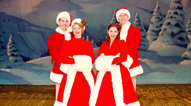 (left to right) Caleb Michael (Phil Davis), Marjie Shrimpton (Judy Haynes), Mica Dominguez-Robinson (Betty Haynes), and Austin Adomits (Bob Wallace) star in La Comedia Dinner Theatre’s production of Irving Berlin’s “White Christmas” through Dec. 31. CONTRIBUTED/JUSTIN WALTON