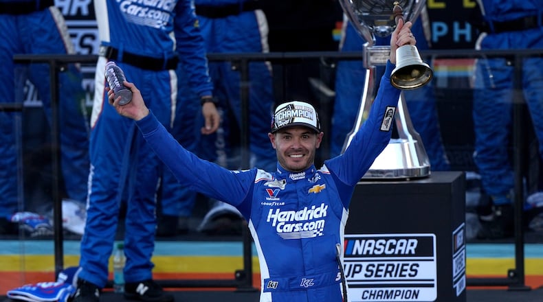 FILE - NASCAR Cup Series driver Kyle Larson during a NASCAR Cup Series auto race Nov. 2, 2025, in Avondale, Ariz. (AP Photo/Rick Scuteri, File)