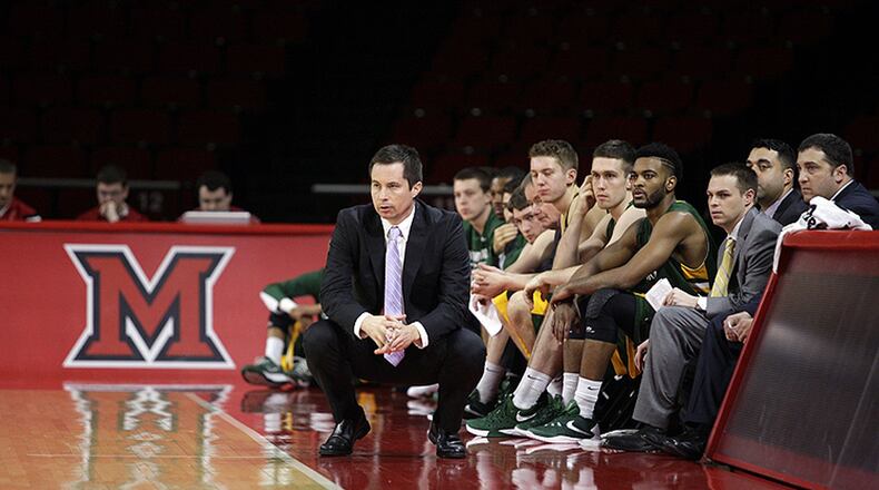 Wright State coach Billy Donlon looks on during a game against Miami at Millett Hall earlier this season. Contributed photo by Tim Zechar