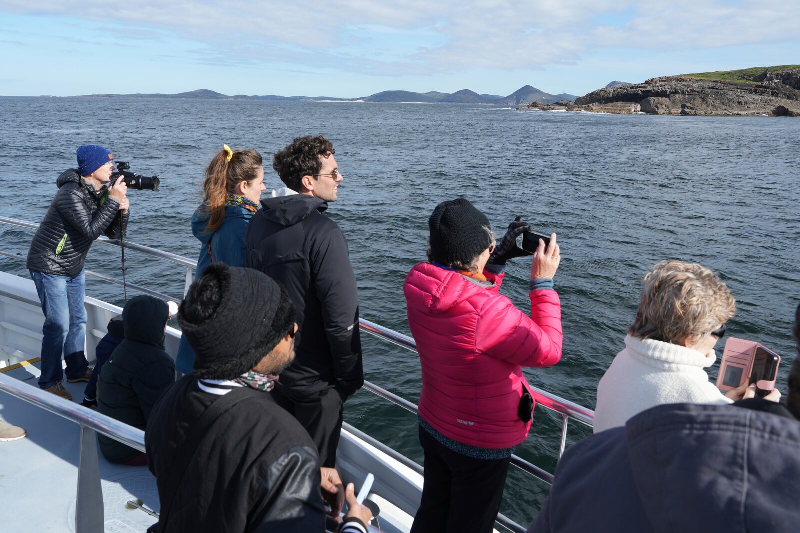 People on a whale cruise tour keep eyes out for humpback whales as the breach off the coast of Port Stephens, north of Sydney, Australia, on June 18, 2025. (AP Photo/Mark Baker)