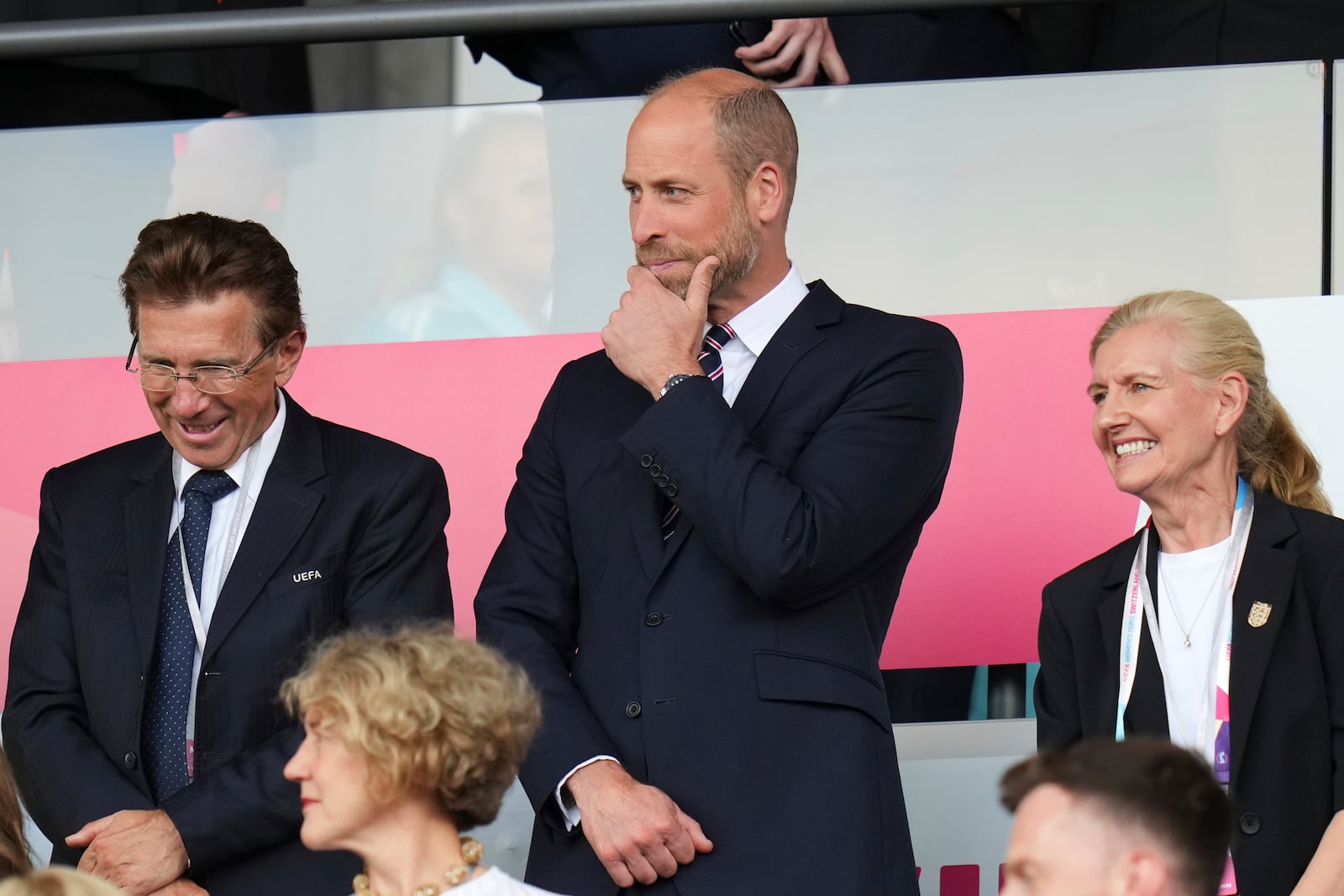 William, Prince of Wales stands on the tribune before the Euro 2025, group D, soccer match between England and the Netherlands at Stadion Letzigrund in Zurich, Switzerland, Wednesday, July 9, 2025. (AP Photo/Alessandra Tarantino)