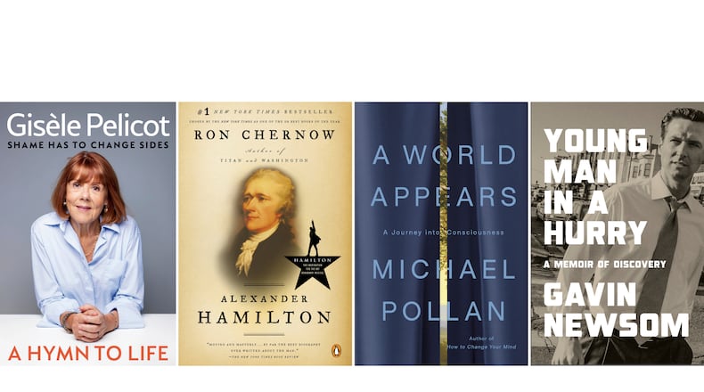 This combination of images show Penguin Press books published by Ann Godoff, from left, "A Hymn to Life: Shame Has to Change Sides" by Gisèle Pelicot, "Alexander Hamilton" by Ron Chernow, "A World Appears: A Journey into Consciousness" by Michael Pollan, and "Young Man in a Hurry: A Memoir of Discovery" by Gavin Newsom. (Penguin Press via AP)