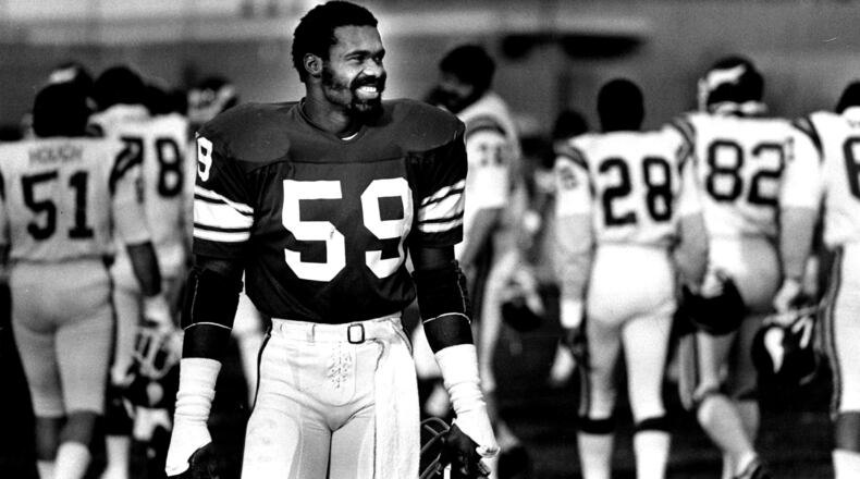 FILE - This Nov. 17, 1982 photo shows Minnesota Vikings Matt Blair. Blair, one of the great linebackers in Minnesota Vikings history and a six-time Pro Bowler who played in two Super Bowls, has died. He was 70 years old. Blair, who had been suffering from dementia, died Thursday, Oct. 22, 2020 after an extended period in hospice care, according to the Star Tribune. (Bruce Bisping/Star Tribune via AP)