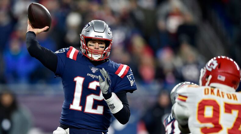 New England Patriots quarterback Tom Brady (12) throws during the first quarter against the Kansas City Chiefs on Sunday, Dec. 8, 2019 at Gillette Stadium in Foxborough, Mass. (Jill Toyoshiba/The Kansas City Star/TNS)