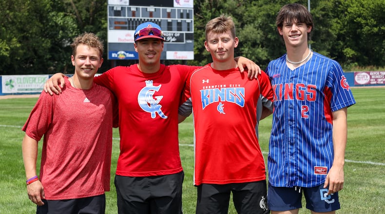 Springfield natives Evan Houseman, Justin Maurer, Andrew DeWitt and Riley Niggemeyer are all members of the Champion City Kings collegiate summer baseball team. Michael Cooper/CONTRIBUTED