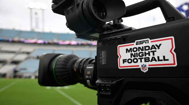 FILE - An ESPN Monday Night Football logo is viewed on a broadcast camera before an NFL football game between the Jacksonville Jaguars and the Kansas City Chiefs, Oct. 6, 2025, in Jacksonville, Fla. (AP Photo/Phelan M. Ebenhack, File)