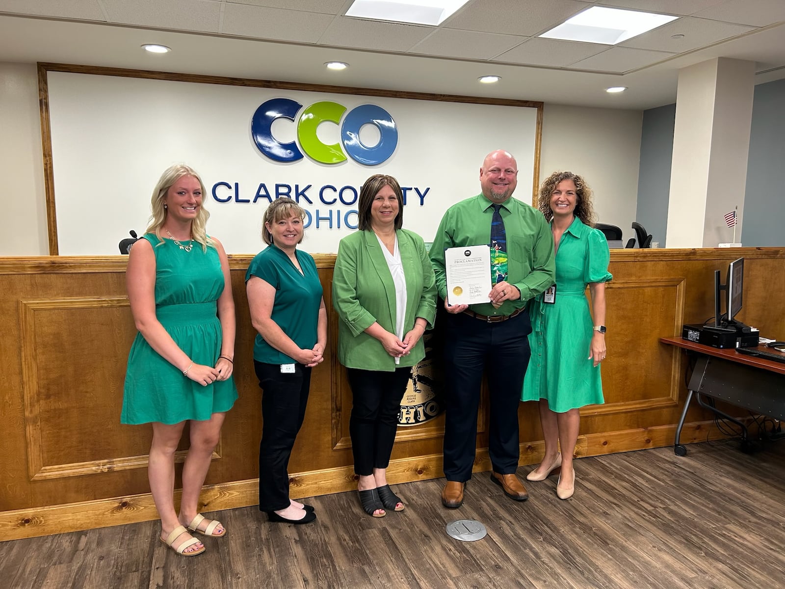 Clark County commissioners presented a proclamation at the Aug. 6 meeting for Child Support Awareness Month. From left to right: Clark County Public Information Student Intern Madison Smith, Commissioner President Sasha Rittenhouse, Child Support Enforcement Deputy Director Lori Skillings, Clark County Department of Job and Family Services Director Tom McGrath, and Commissioner Melanie Falx Wilt. Contributed