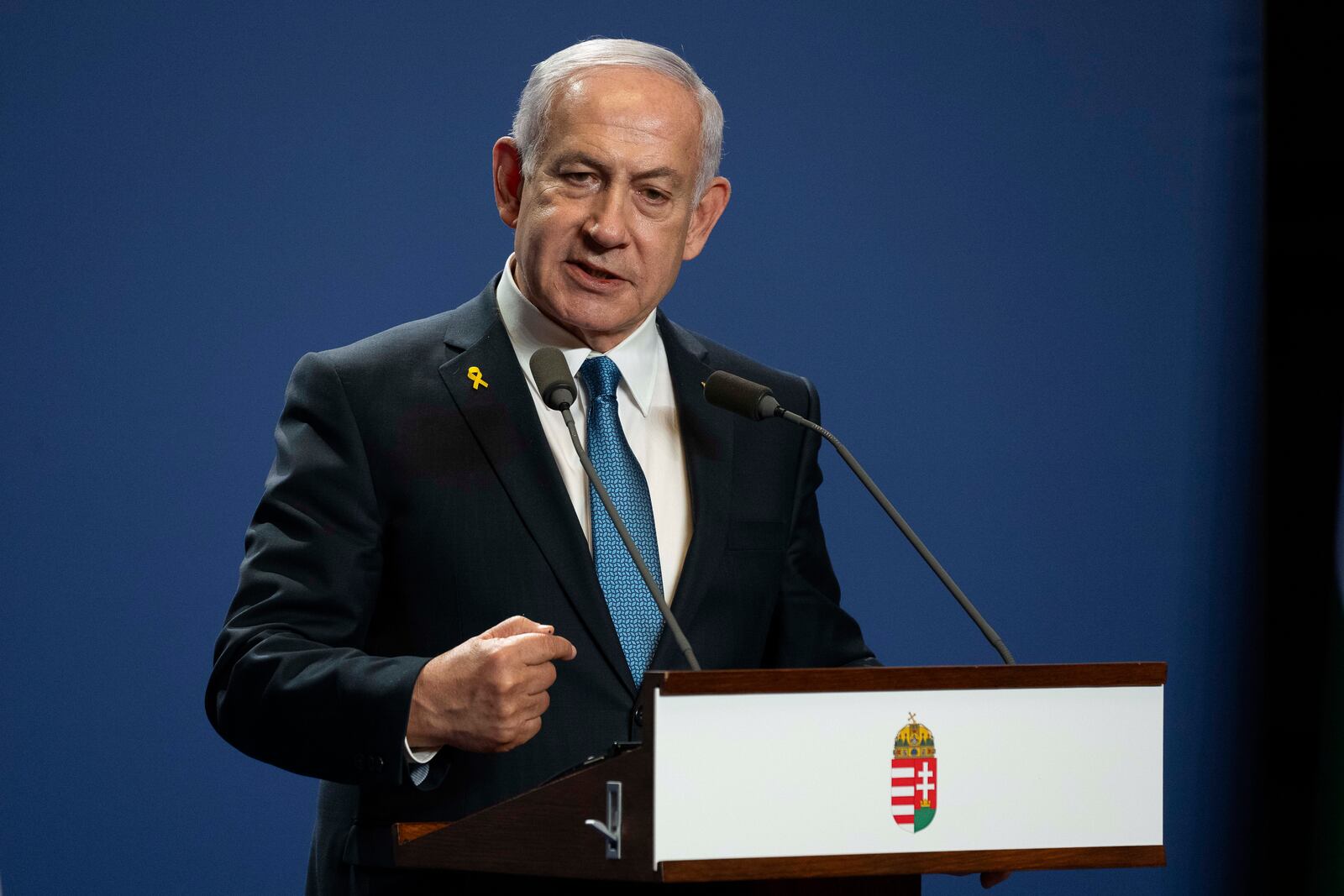 Israeli Prime Minister Benjamin Netanyahu speaks during a press statement at the Carmelite Monastery in the Buda Castle in Budapest, Hungary, Thursday, April 3, 2025. (AP Photo/Denes Erdos)