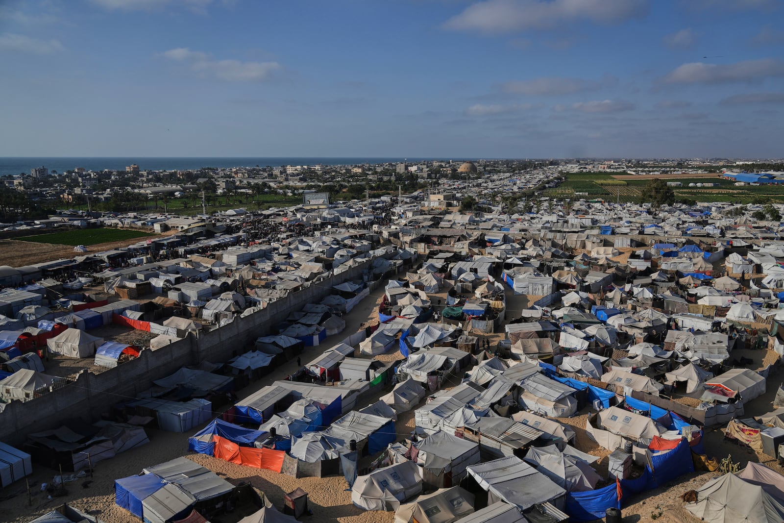 A view of a makeshift tent camp for displaced Palestinians in Khan Younis, Gaza on Wednesday, June 4, 2025. (AP Photo/Abdel Kareem Hana)