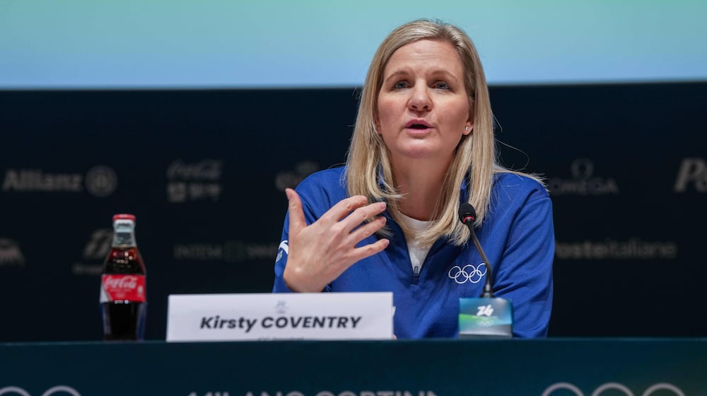 Olympic Committee President Kirsty Coventry meets the media in Milan, Italy, Sunday, Feb. 1, 2026. (Claudio Furlan/LaPresse via AP)