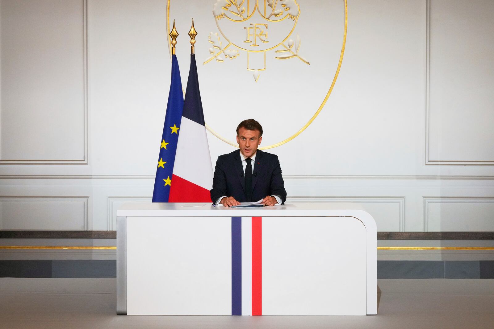French President Emmanuel Macron holds a news conference at the Elysee Palace, in Paris, Friday, June 13, 2025. (AP Photo/Michel Euler, Pool)