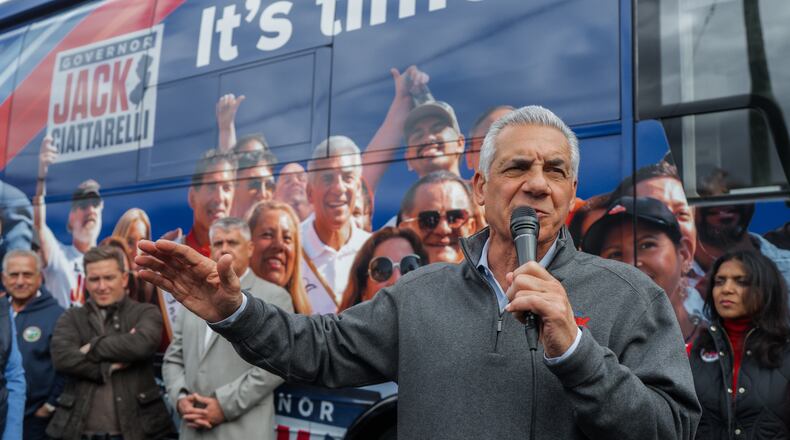 New Jersey gubernatorial candidate Jack Ciattarelli speaks during a campaign rally on Saturday, Nov 1, 2025, in Westfield, N.J. (AP Photo/Olga Fedorova)