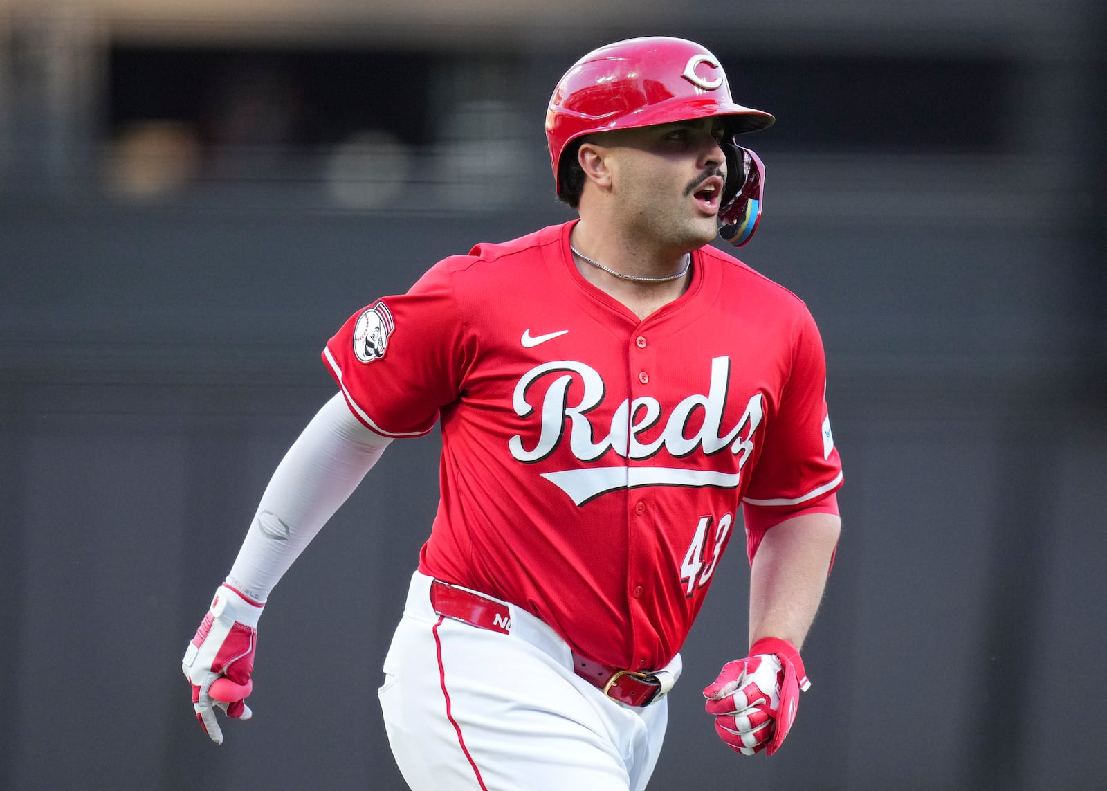 Cincinnati Reds' Sal Stewart reacts as he rounds the bases after hitting a two-run home run during the second inning of a baseball game against the New York Mets, Saturday, Sept. 6, 2025, in Cincinnati. (AP Photo/Jeff Dean)