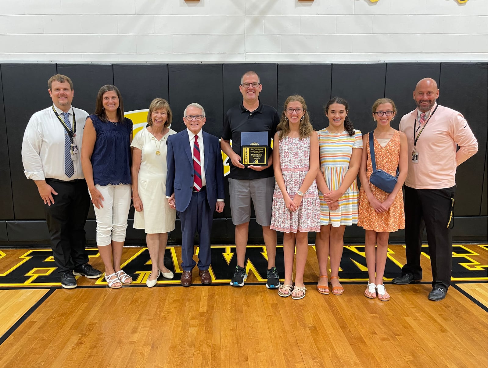 Darren Kaiser, high school intervention specialist, who received the Above and Beyond award during Clark-Shawnee Local School District’s Opening Day celebration with his family, friends and colleagues. Contributed.